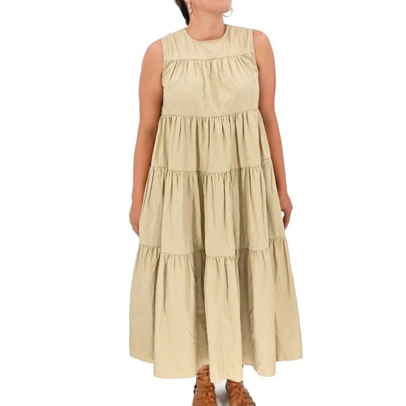 CO Essentials Sleeveless Tiered Taupe Cotton Poplin Dress Designer Womens Size M